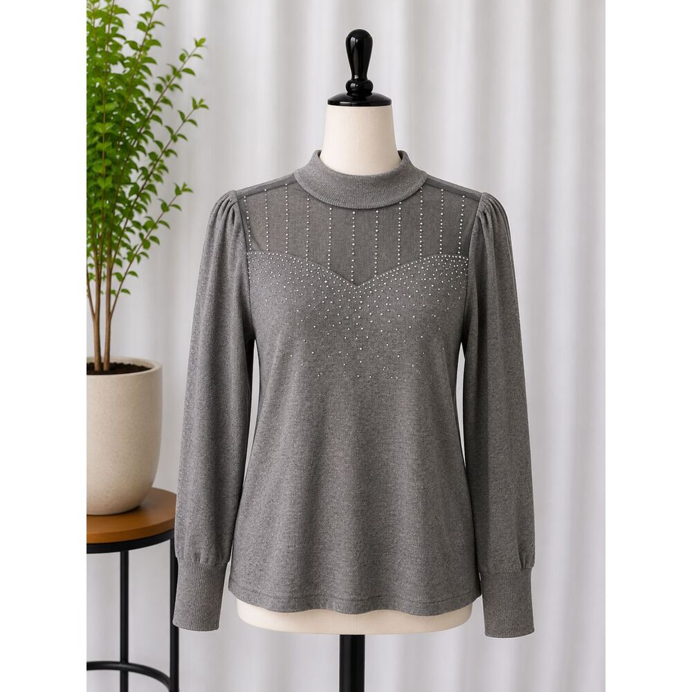 Women’s Large Gray Rhinestone Studded Mock Neck Sweater Puff Sleeve NWT